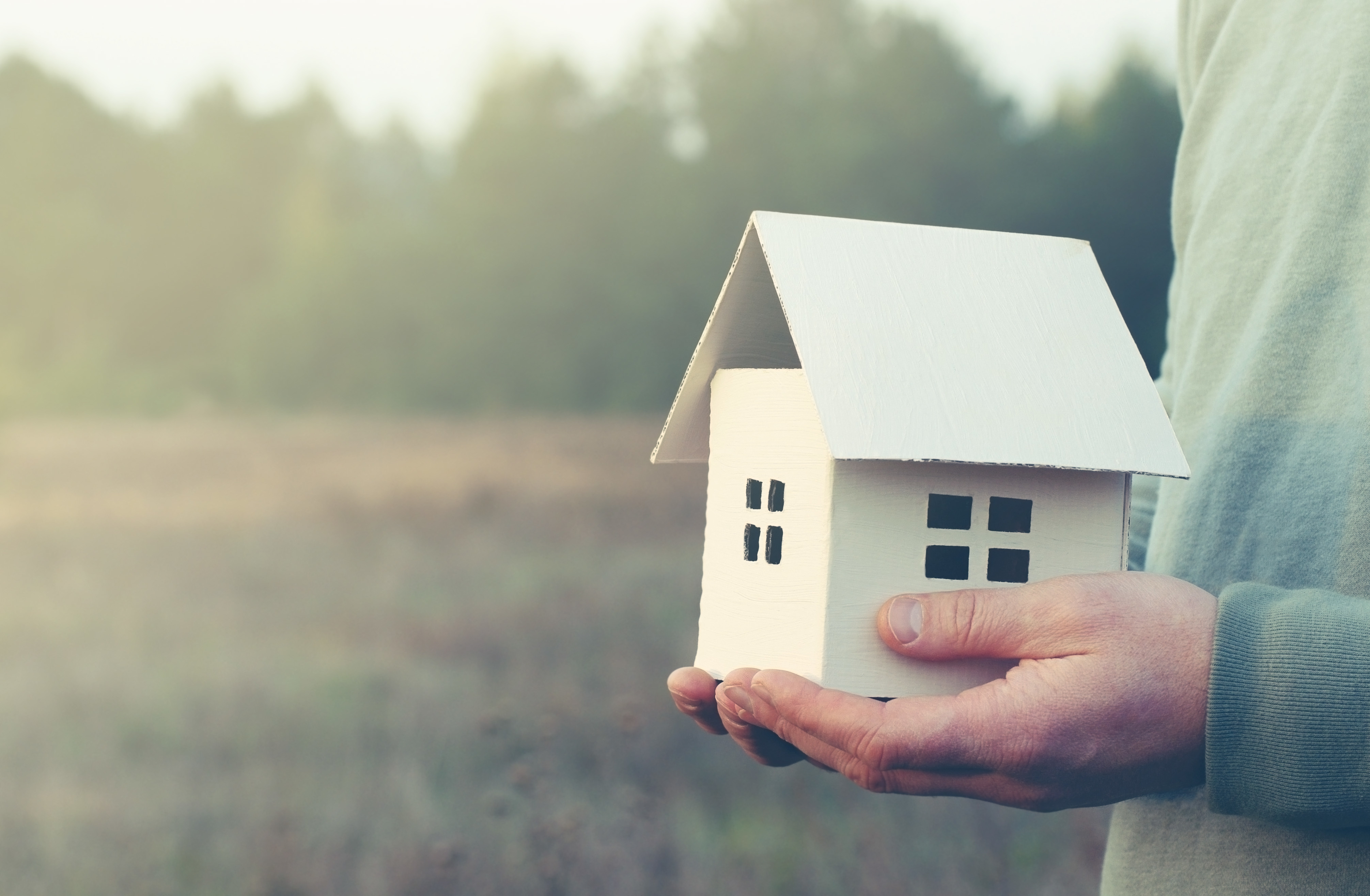 House from paper in the man's hands against the background of the nature. Conceptual image of protection of the house, sale or acquisition of the house